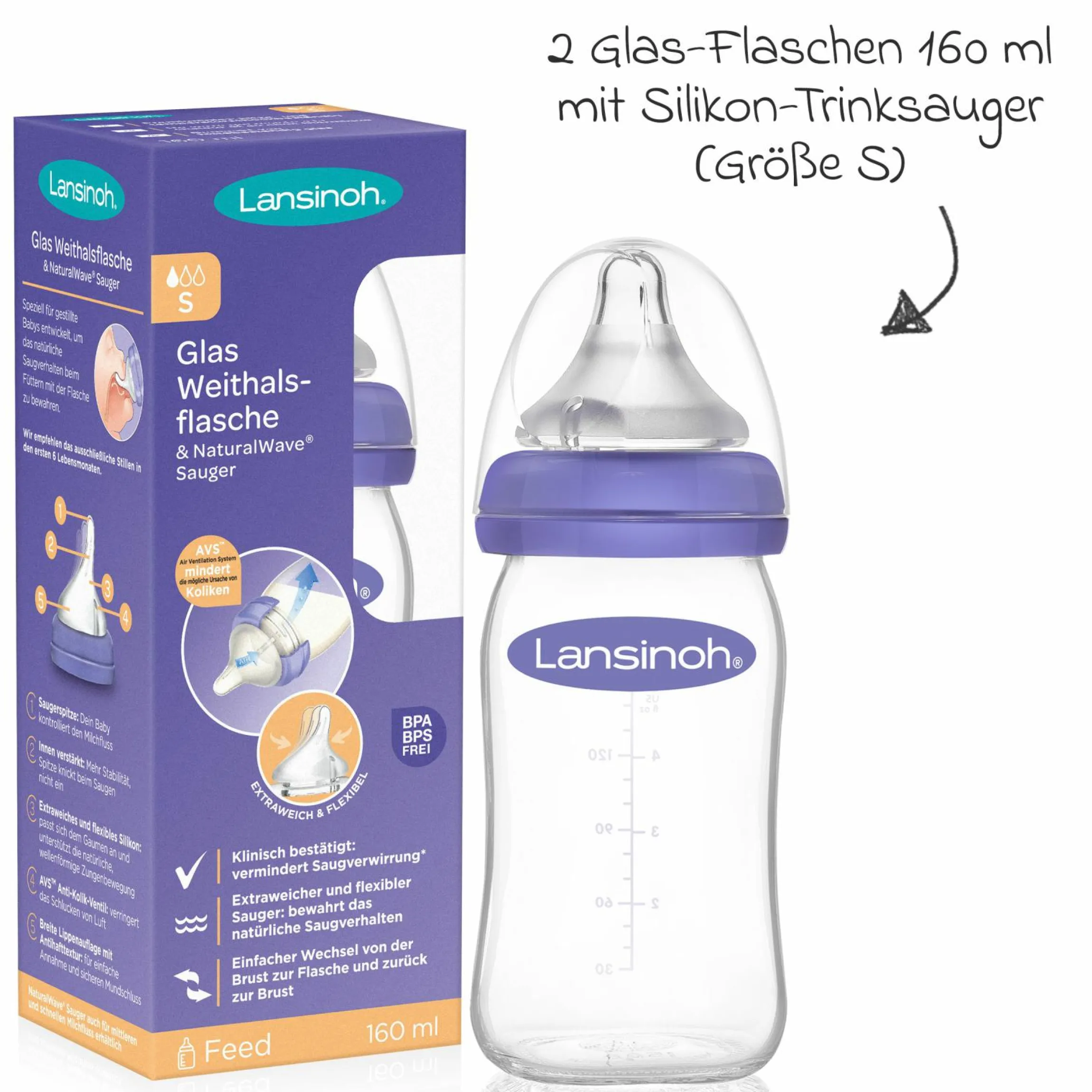 Glas-Flasche 2er Pack 160ml mit NaturalWave® Trinksauger Gr. S