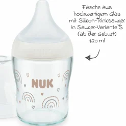 Glas-Flasche 3er Pack Perfect Match 120 ml + Silikon Sauger Gr. S - Regenbogen - Weiß