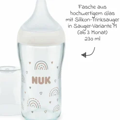 Glas-Flasche 3er Pack Perfect Match 230 ml + Silikon Sauger Gr. M - Regenbogen - Weiß