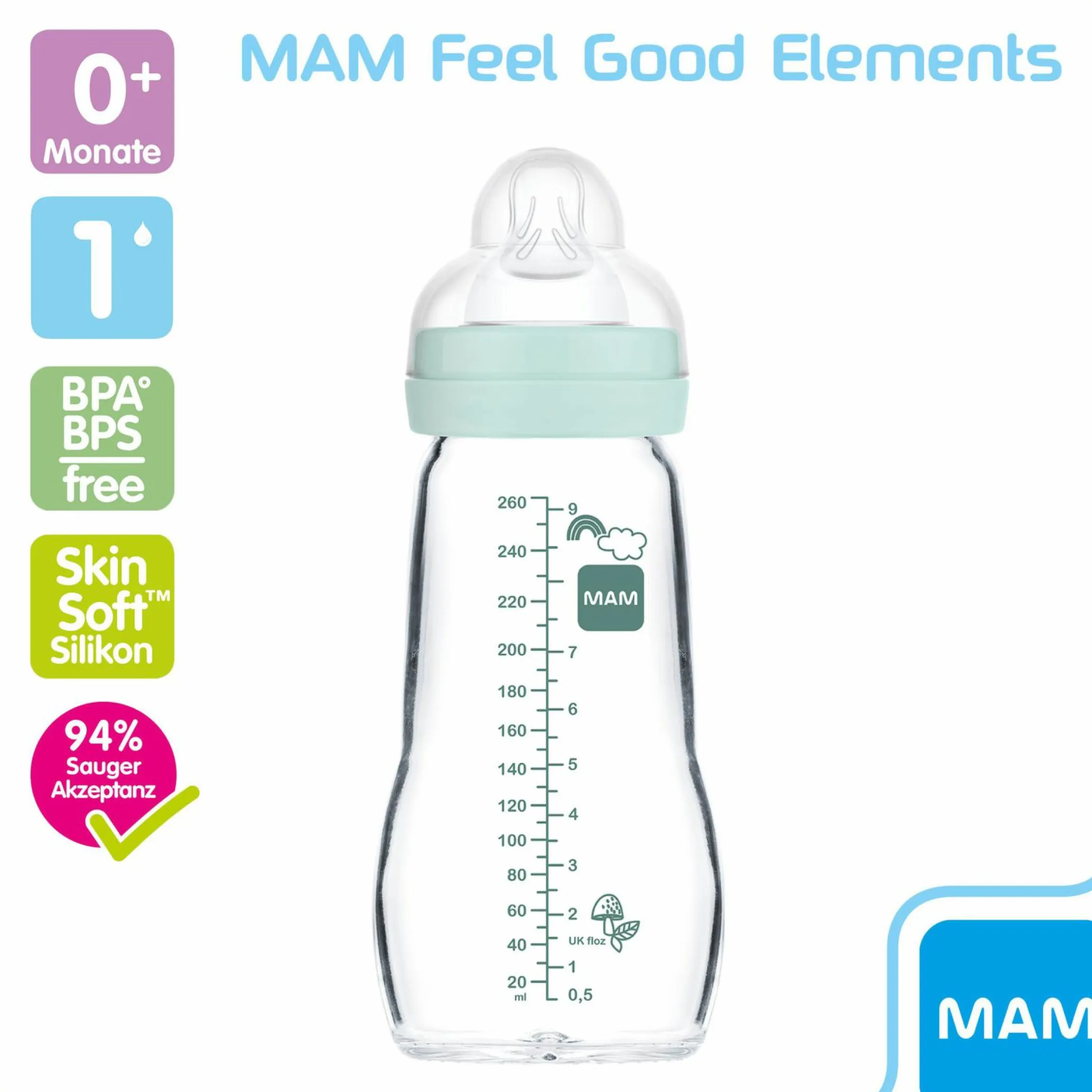 Glas-Flasche Feel Good 260 ml - Silikon Gr. 1 - Bär & Igel