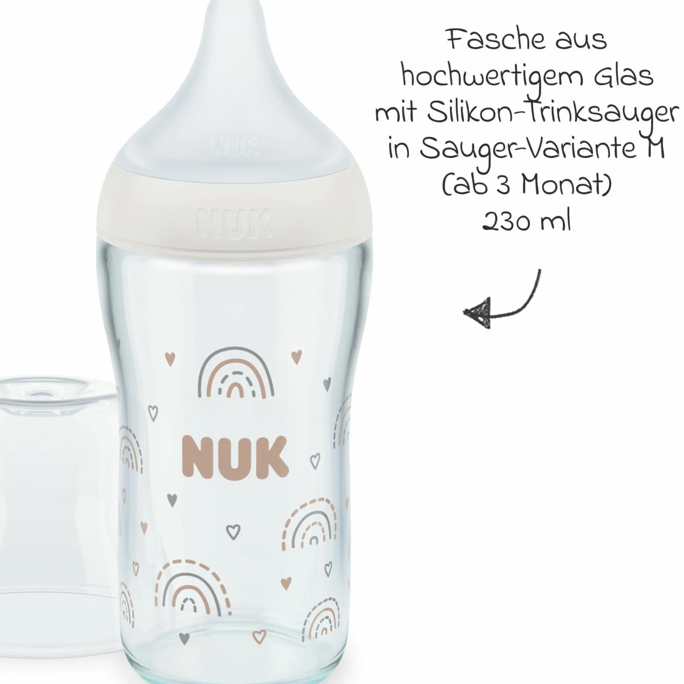 Glas-Flasche Perfect Match 230 ml + Silikon-Sauger Gr. M - Regenbogen - Weiß