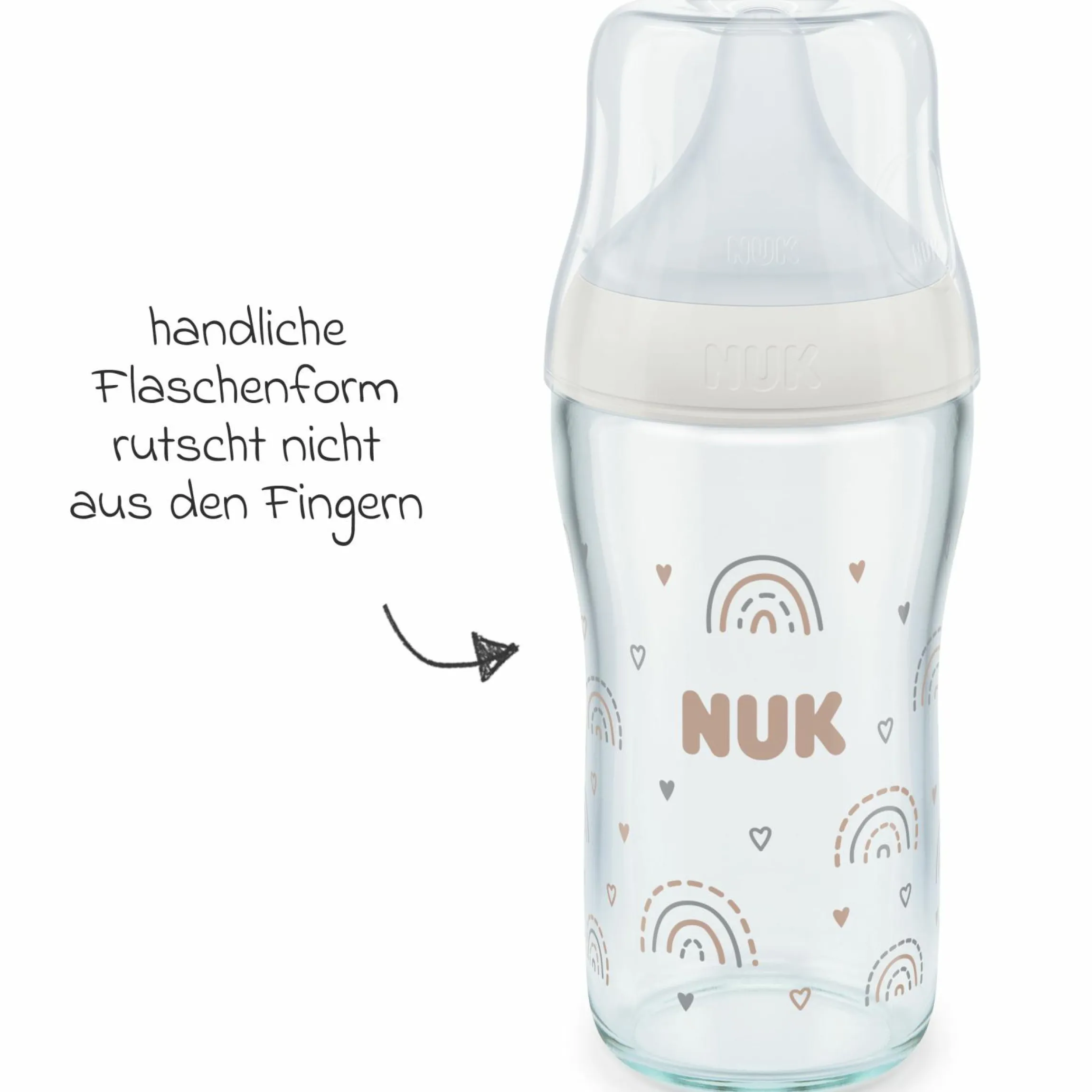 Glas-Flasche Perfect Match 230 ml + Silikon-Sauger Gr. M - Regenbogen - Weiß