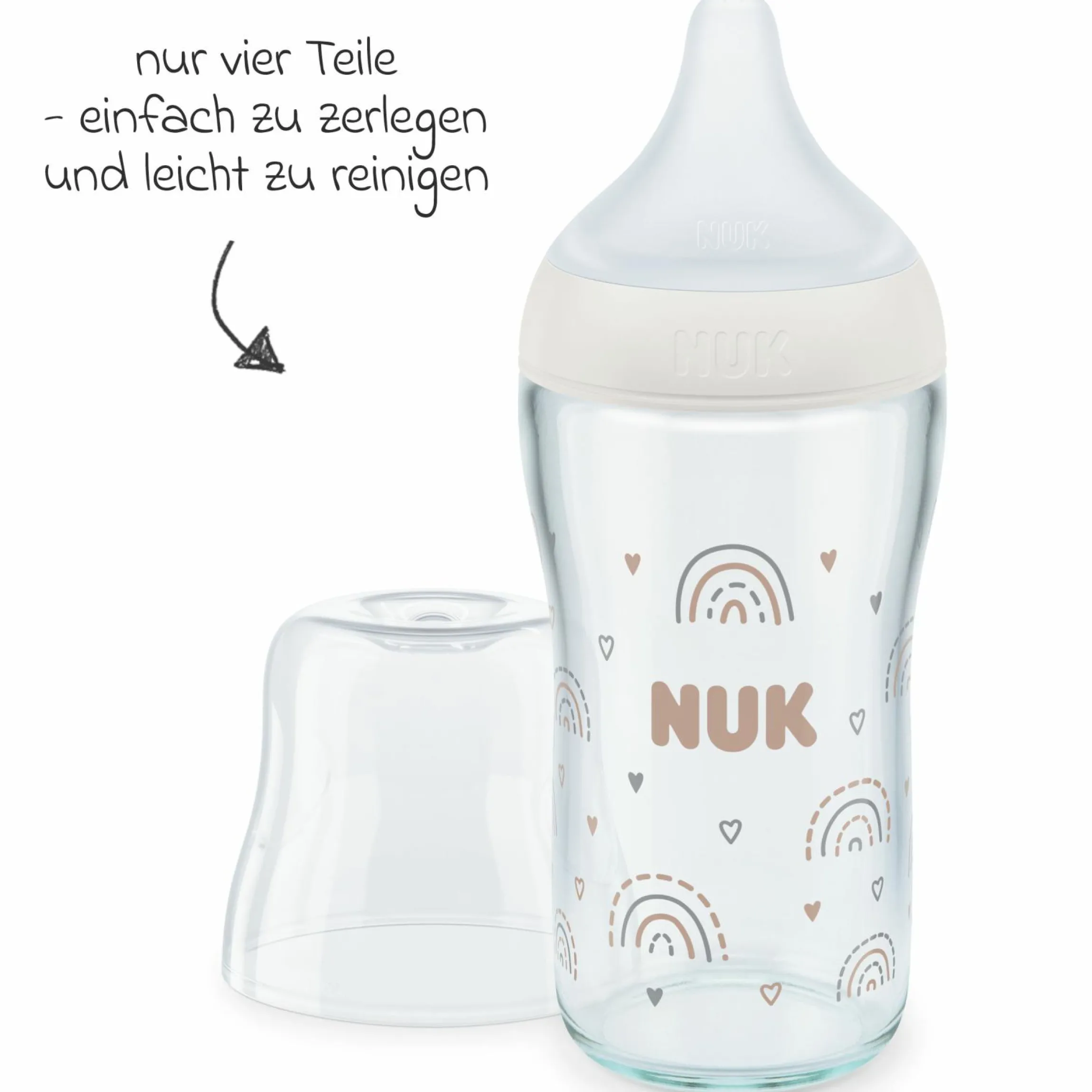 Glas-Flasche Perfect Match 230 ml + Silikon-Sauger Gr. M - Regenbogen - Weiß