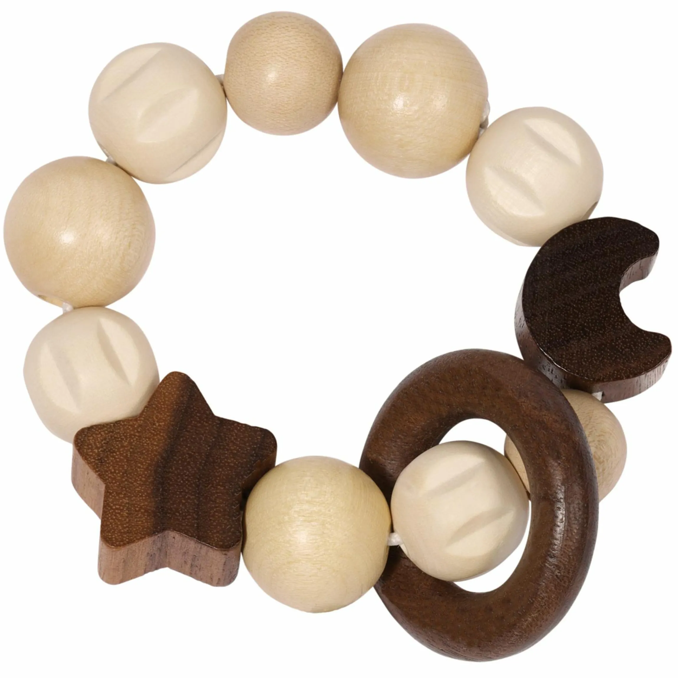Greifling Elastik mit Perlen aus Holz - Mond & Stern