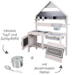 Große Spiel- und Matschküche in Hausoptik mit Spielwanne, 2 Herdplatte, Wasserbehälter mit Wasserhahn, Backofen mit Tür inkl. Zubehör - Grau