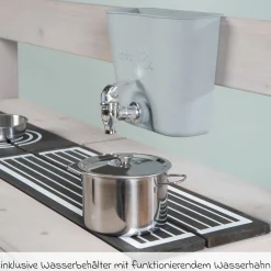 Große Spiel- und Matschküche in Hausoptik mit Spielwanne, 2 Herdplatte, Wasserbehälter mit Wasserhahn, Backofen mit Tür inkl. Zubehör - Grau