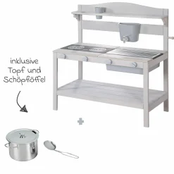 Große Spielküche mit Spielwanne, 2 Herdplatten, Wasserbehälter mit Wasserhahn inkl. Zubehör - Grau