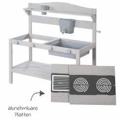 Große Spielküche mit Spielwanne, 2 Herdplatten, Wasserbehälter mit Wasserhahn inkl. Zubehör - Grau