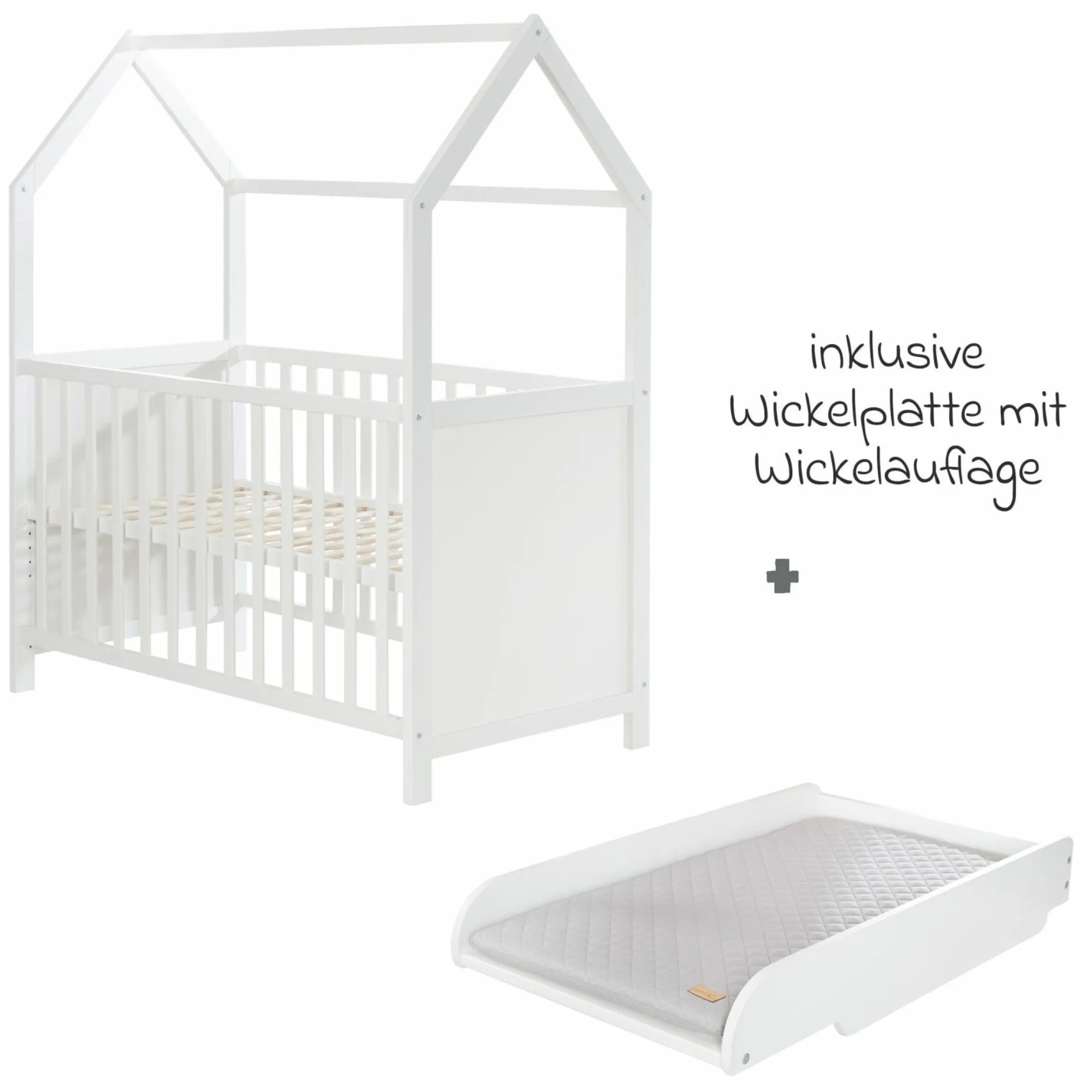 Hausbett inkl. Wickelplatte mit Wickelauflage, 6-fach höhenverstellbarem Lattenrost & 5 Schlupfsprossen 60 x 120 cm - Weiß