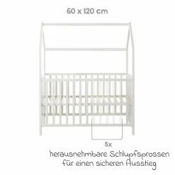 Hausbett inkl. Wickelplatte mit Wickelauflage, 6-fach höhenverstellbarem Lattenrost & 5 Schlupfsprossen 60 x 120 cm - Weiß