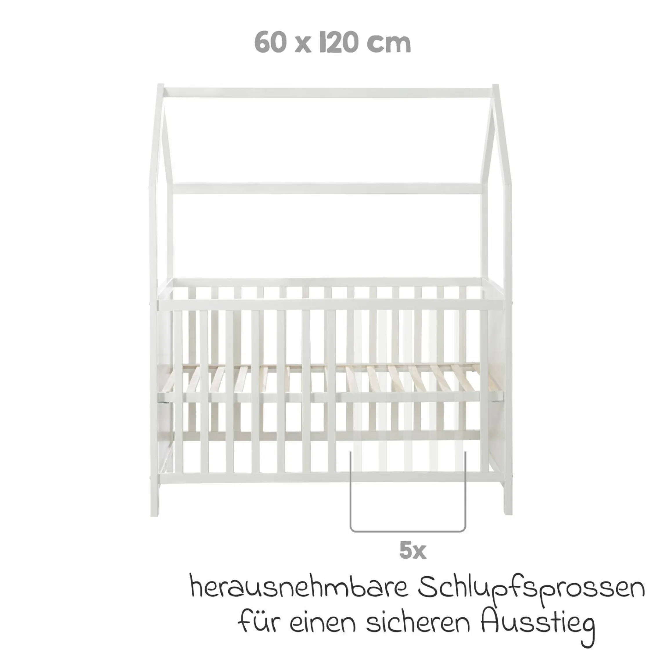 Hausbett inkl. Wickelplatte mit Wickelauflage, 6-fach höhenverstellbarem Lattenrost & 5 Schlupfsprossen 60 x 120 cm - Weiß