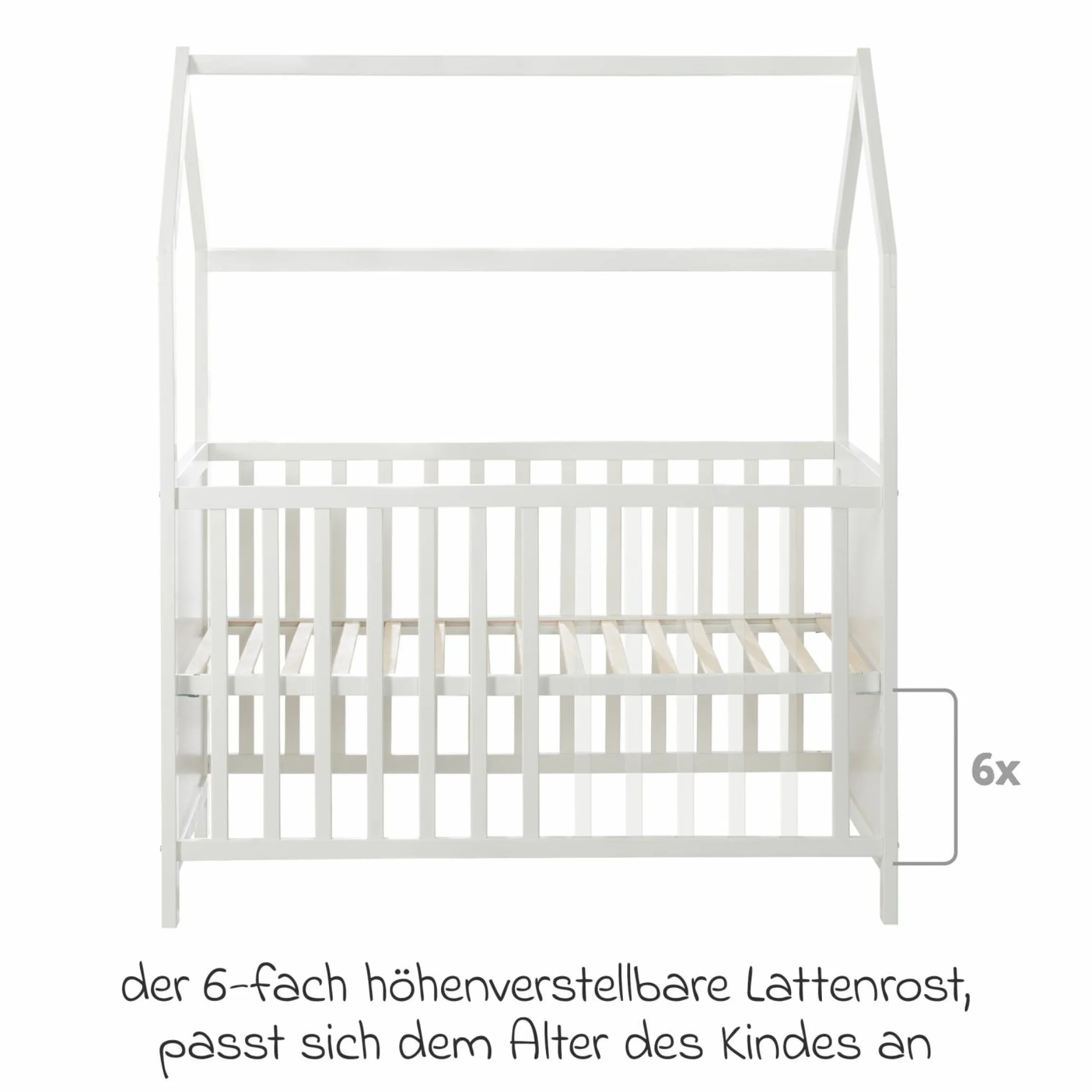 Hausbett inkl. Wickelplatte mit Wickelauflage, 6-fach höhenverstellbarem Lattenrost & 5 Schlupfsprossen 60 x 120 cm - Weiß
