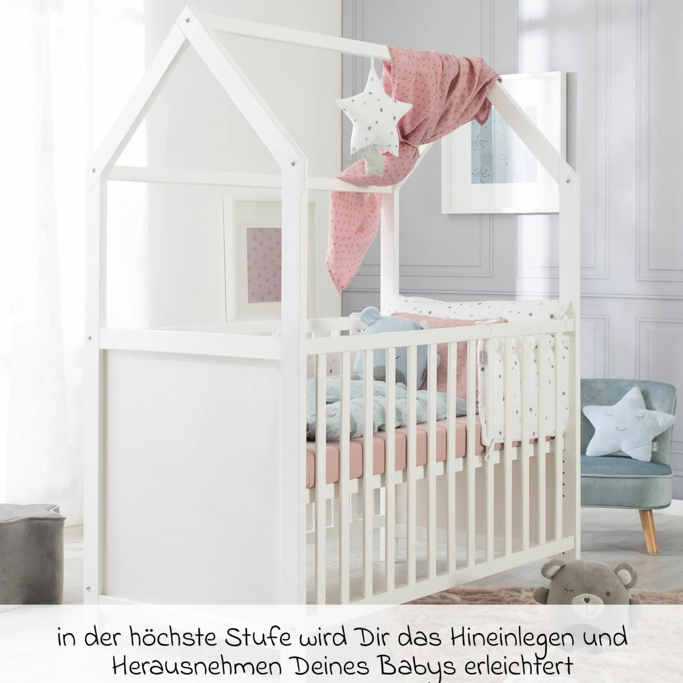 Hausbett inkl. Wickelplatte mit Wickelauflage, 6-fach höhenverstellbarem Lattenrost & 5 Schlupfsprossen 60 x 120 cm - Weiß