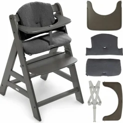 Hochstuhl Alpha Charcoal Selectline - im Sparset inkl. Holz-Essbrett und Sitzkissen Jersey Charcoal