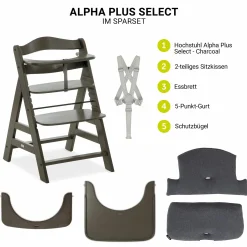 Hochstuhl Alpha Charcoal Selectline - im Sparset inkl. Holz-Essbrett und Sitzkissen Jersey Charcoal