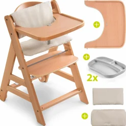 Hochstuhl Alpha Move Natur - im Sparset inkl. Essbrett, Sitzkissen Deluxe Beige und 2x Silikonteller