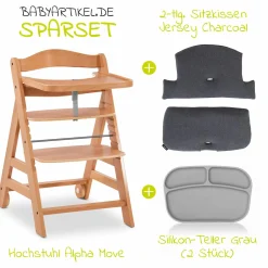 Hochstuhl Alpha Move Natur - im Sparset inkl. Essbrett, Sitzkissen Jersey Charcoal und 2x Silikonteller