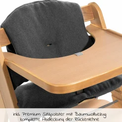 Hochstuhl Alpha Move Natur - im Sparset inkl. Essbrett, Sitzkissen Jersey Charcoal und 2x Silikonteller