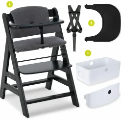 Hochstuhl Alpha Plus Black - im Sparset inkl. Essbrett Click Tray, Sitzkissen und Aufbewahrungsboxen - Jersey Charcoal