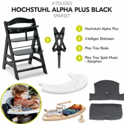 Hochstuhl Alpha Plus Black - im Sparset inkl. Sitzkissen + Play Tray Basis + Spielzeug Play Music mit Xylophon