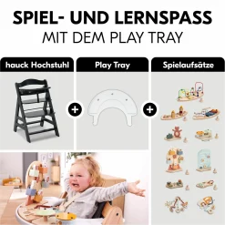 Hochstuhl Alpha Plus Black - im Sparset inkl. Sitzkissen + Play Tray Basis + Spielzeug Play Music mit Xylophon