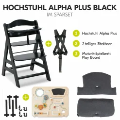 Hochstuhl Alpha Plus Black - im Sparset inkl. Sitzkissen + Motorik-Spielbrett Play Board