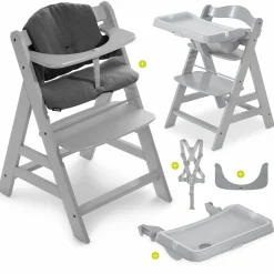 Hochstuhl Alpha Plus Grau im Sparset inkl. Sitzkissen und Essbrett Alpha Tray Grey