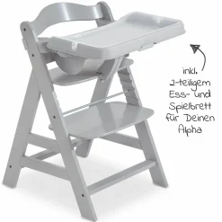 Hochstuhl Alpha Plus Grau im Sparset inkl. Sitzkissen und Essbrett Alpha Tray Grey