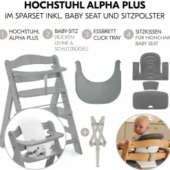 Hochstuhl Alpha Plus Grey - im Sparset inkl. Baby Seat + Baby Seatpad + Click Tray