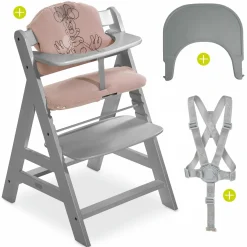 Hochstuhl Alpha Plus Grey - im Sparset inkl. Essbrett Click Tray + Sitzkissen Minnie Mouse Rose