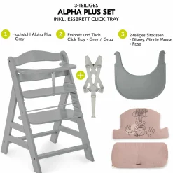 Hochstuhl Alpha Plus Grey - im Sparset inkl. Essbrett Click Tray + Sitzkissen Minnie Mouse Rose