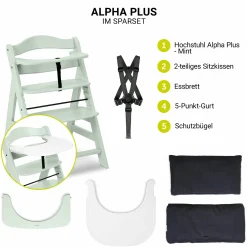 Hochstuhl Alpha Plus Mint - im Sparset inkl. Essbrett Click Tray + Sitzkissen - Charcoal