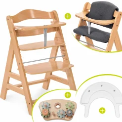 Hochstuhl Alpha Plus Natur im Sparset - inkl. Sitzkissen + Play Tray Basis + Spielzeug Play Repairing mit Zahnrädern & Muttern