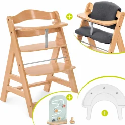 Hochstuhl Alpha Plus Natur im Sparset - inkl. Sitzkissen + Play Tray Basis + Spielzeug Play Planting mit Motorikbrett Flowers