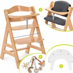 Hochstuhl Alpha Plus Natur im Sparset - inkl. Sitzkissen + Play Tray Basis + Spielring Play Catching mit 3 Stoff-Figuren