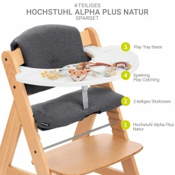 Hochstuhl Alpha Plus Natur im Sparset - inkl. Sitzkissen + Play Tray Basis + Spielring Play Catching mit 3 Stoff-Figuren