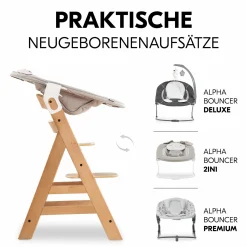 Hochstuhl Alpha Plus Natur im Sparset - inkl. Sitzkissen + Play Tray Basis + Spielring Play Catching mit 3 Stoff-Figuren