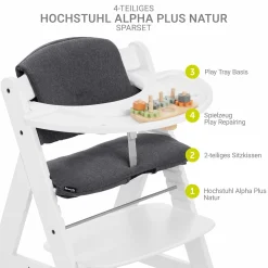 Hochstuhl Alpha Plus White im Sparset - inkl. Sitzkissen + Play Tray Basis + Spielzeug Play Repairing mit Zahnrädern & Muttern