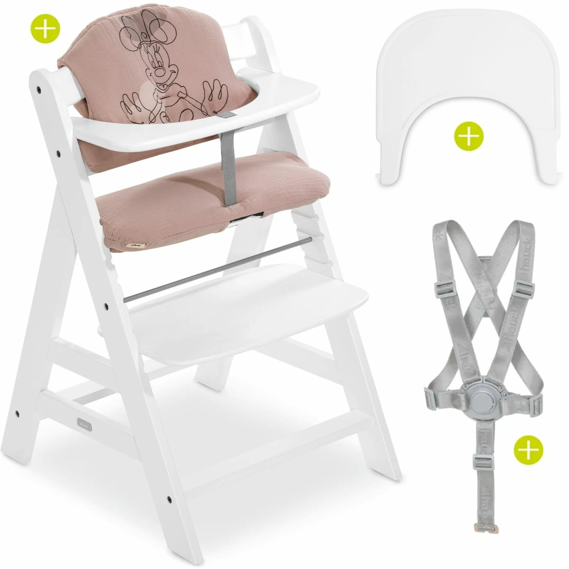 Hochstuhl Alpha Plus White - im Sparset inkl. Essbrett Click Tray + Sitzkissen Minnie Mouse Rose
