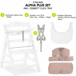 Hochstuhl Alpha Plus White - im Sparset inkl. Essbrett Click Tray + Sitzkissen Minnie Mouse Rose