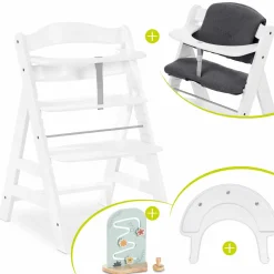 Hochstuhl Alpha Plus White im Sparset - inkl. Sitzkissen + Play Tray Basis + Spielzeug Play Planting mit Motorikbrett Flowers