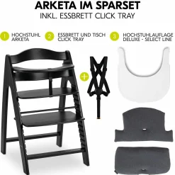 Hochstuhl Arketa Beech Blackwashed - im Sparset inkl. Click Tray und Sitzkissen - Charcoal