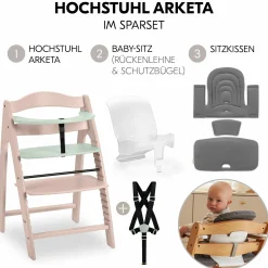 Hochstuhl Arketa Beech Whitewashed Mint - im Sparset inkl. Baby Seat und Sitzpolster - Dark Grey