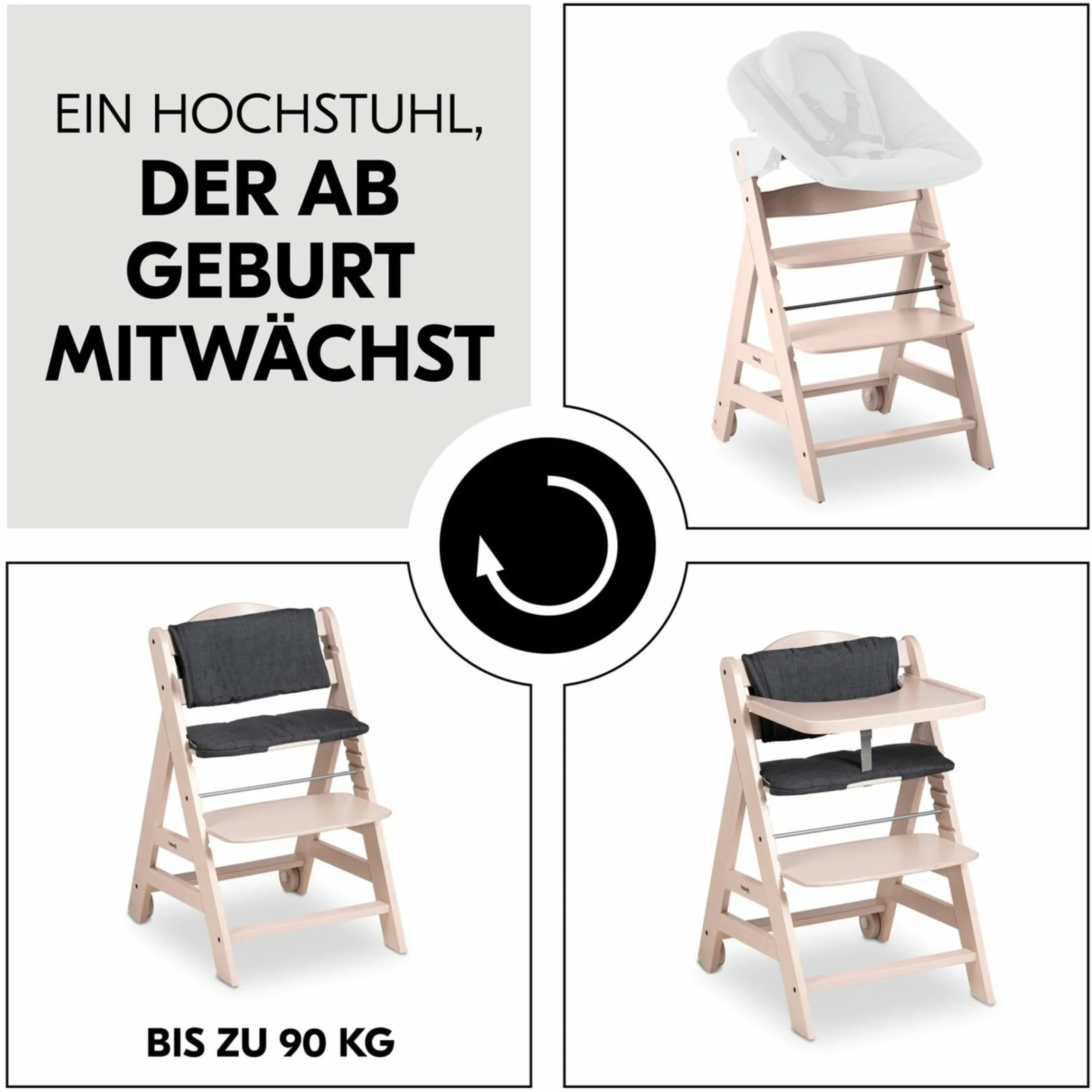 Hochstuhl Beta Plus inkl. Essbrett, Sitzkissen und Rollen - Whitewashed