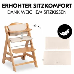 Hochstuhl Beta Plus inkl. Essbrett, Sitzkissen und Rollen - Natural