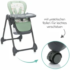 Hochstuhl Mio ab 6 Monate nutzbar mit Liegeposition, abnehmbarem Essbrett, 4 Rollen & klein faltbar - Grau Grün