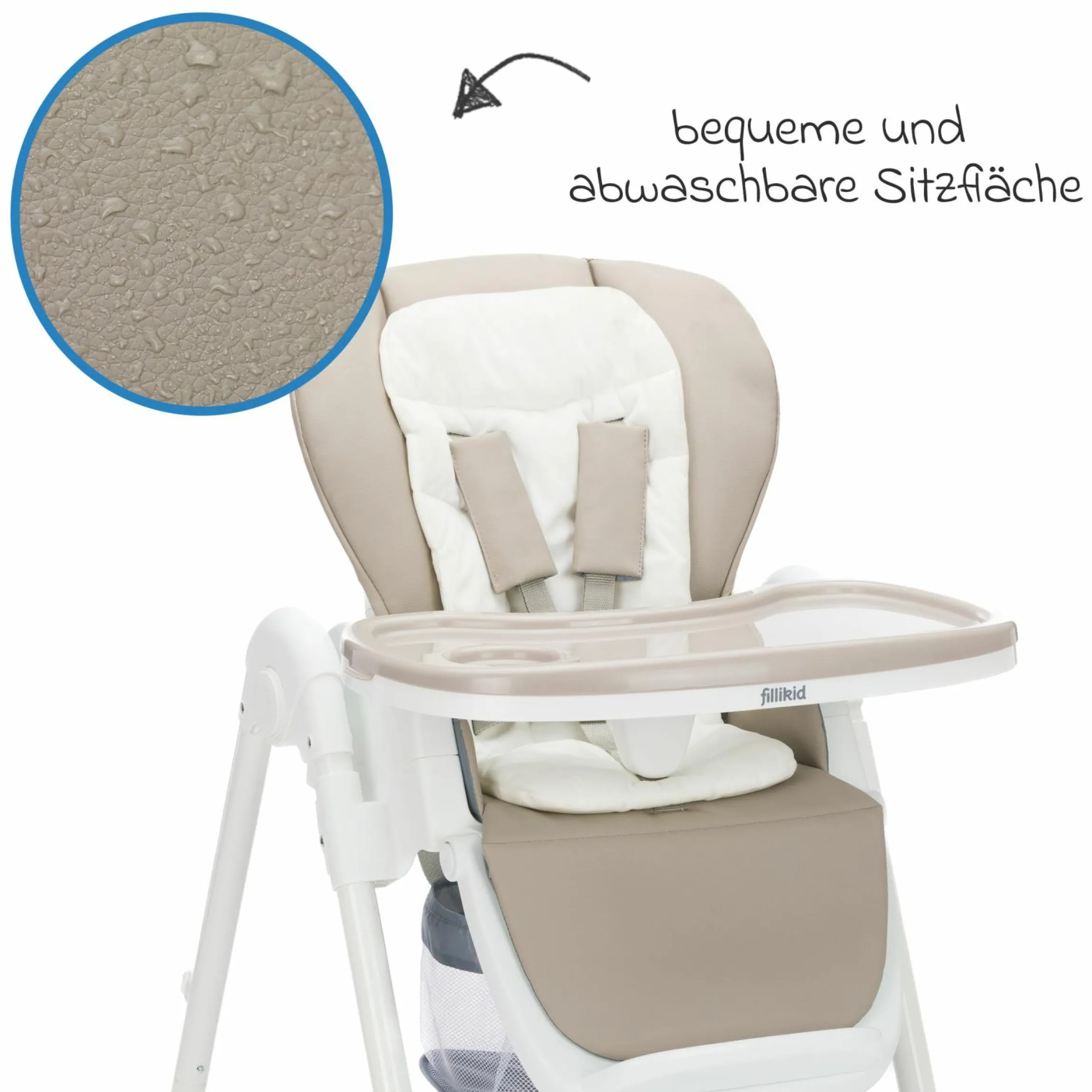 Hochstuhl Mio ab 6 Monate nutzbar mit Liegeposition, abnehmbarem Essbrett, 4 Rollen & klein faltbar - Weiß Taupe