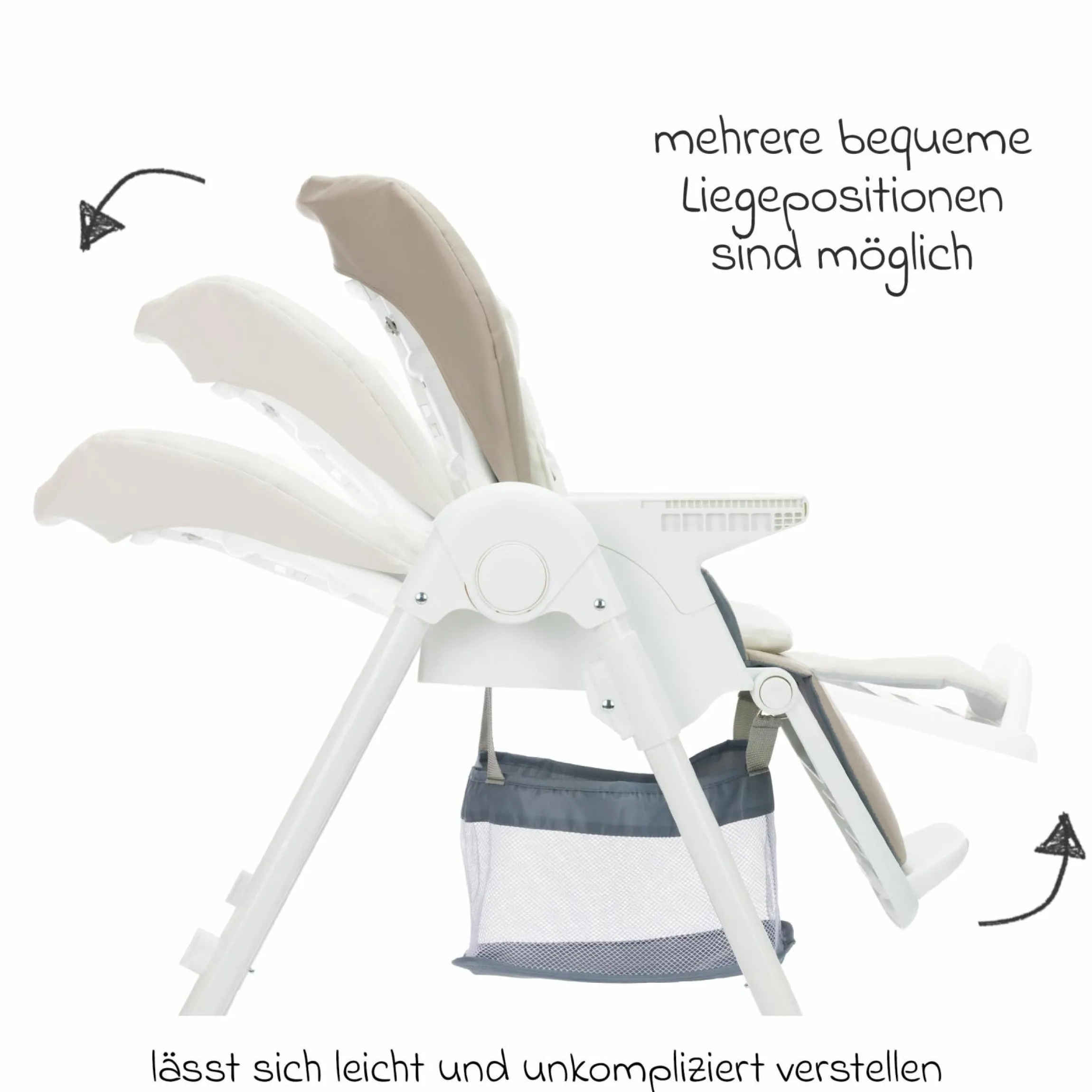 Hochstuhl Mio ab 6 Monate nutzbar mit Liegeposition, abnehmbarem Essbrett, 4 Rollen & klein faltbar - Weiß Taupe