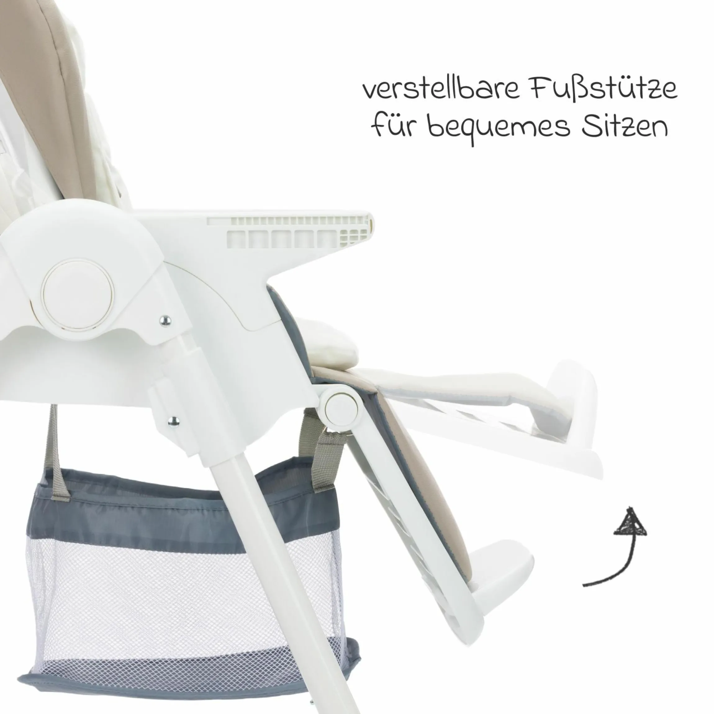 Hochstuhl Mio ab 6 Monate nutzbar mit Liegeposition, abnehmbarem Essbrett, 4 Rollen & klein faltbar - Weiß Taupe