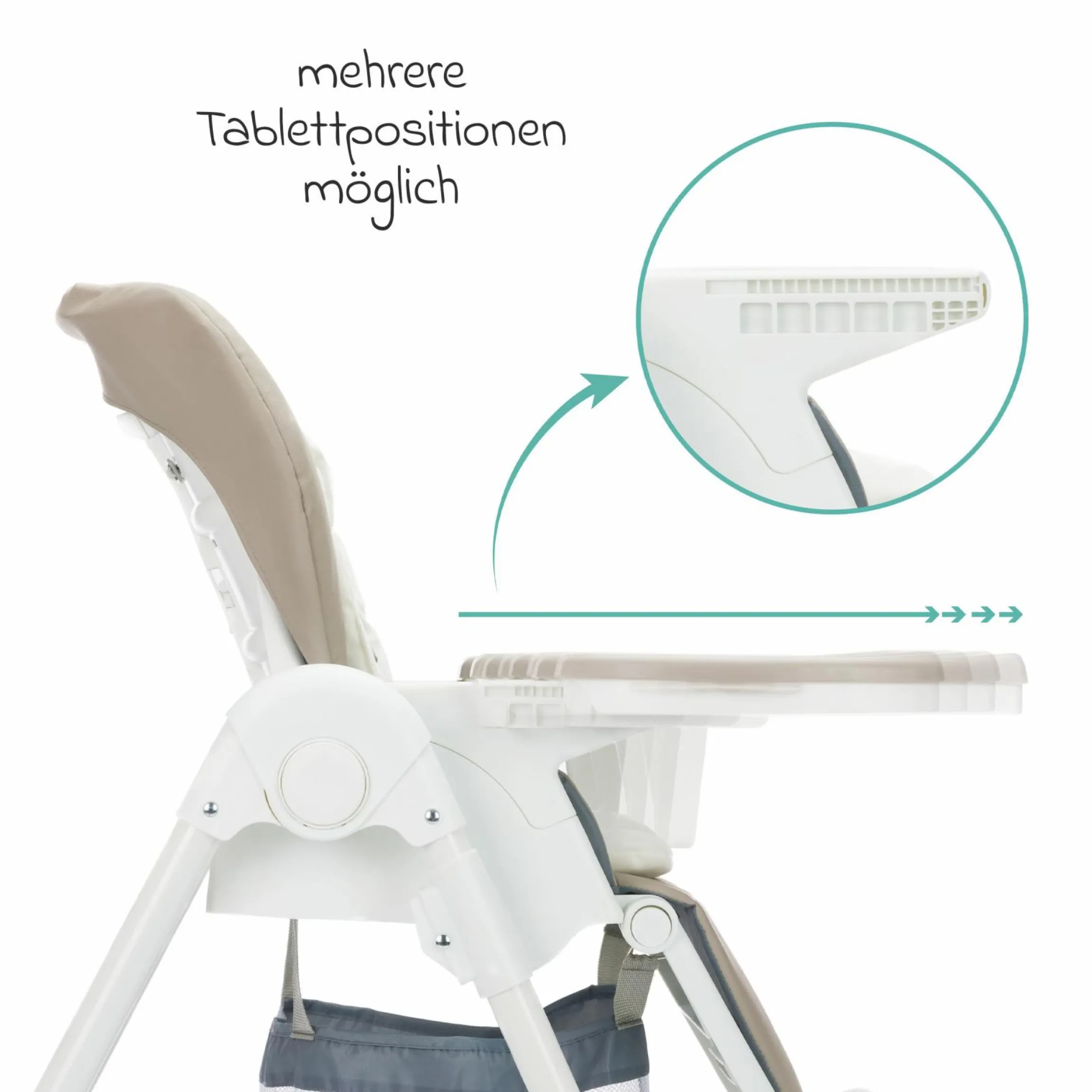 Hochstuhl Mio ab 6 Monate nutzbar mit Liegeposition, abnehmbarem Essbrett, 4 Rollen & klein faltbar - Weiß Taupe